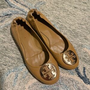 Tory Burch Brown Leather Flats with Gold Logo